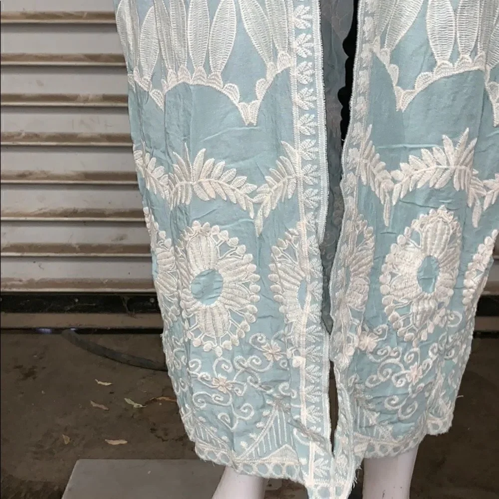 Long Sage kimono long sleeve tie front embroidery